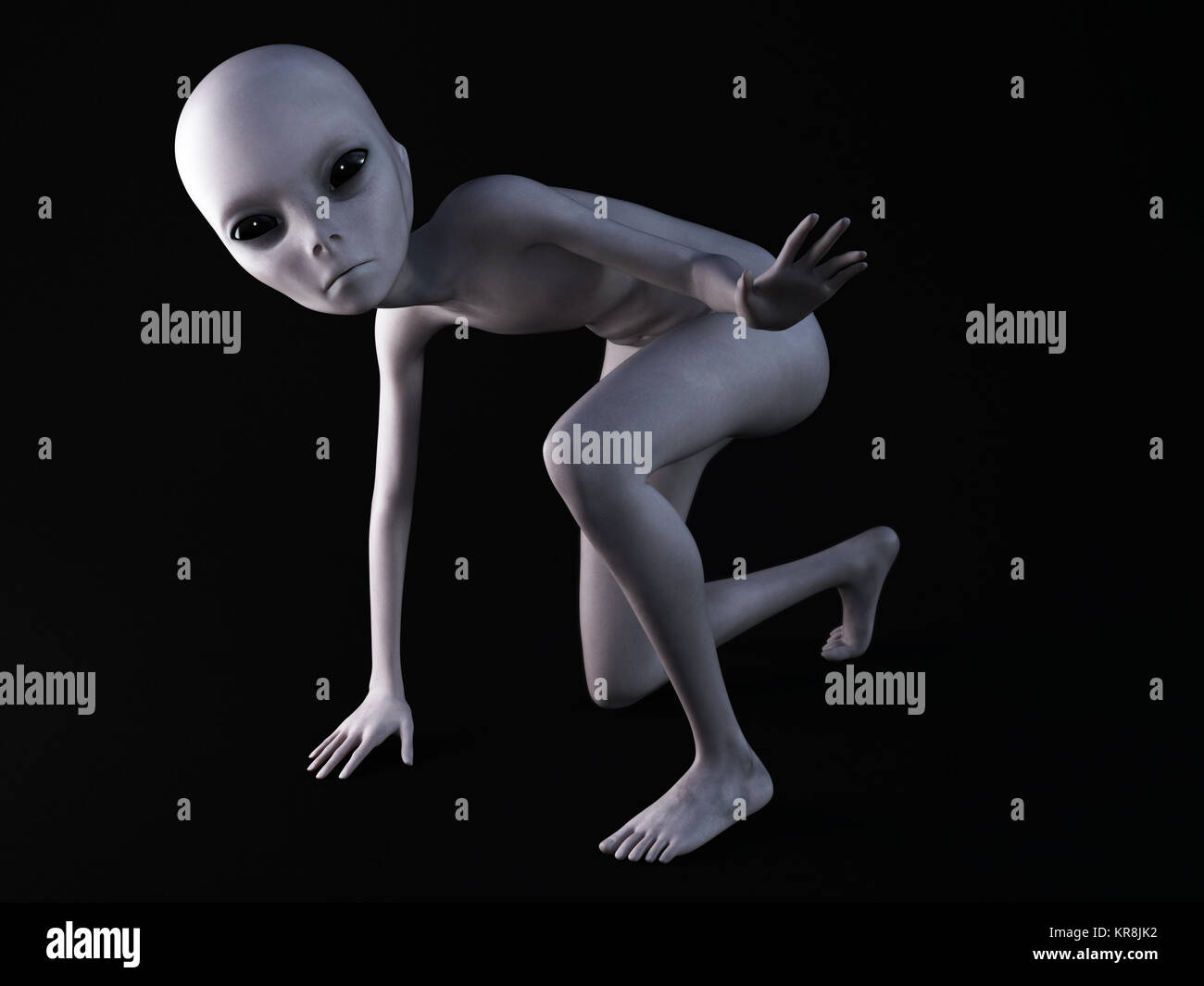 3D rendering of an alien crouching. Stock Photo