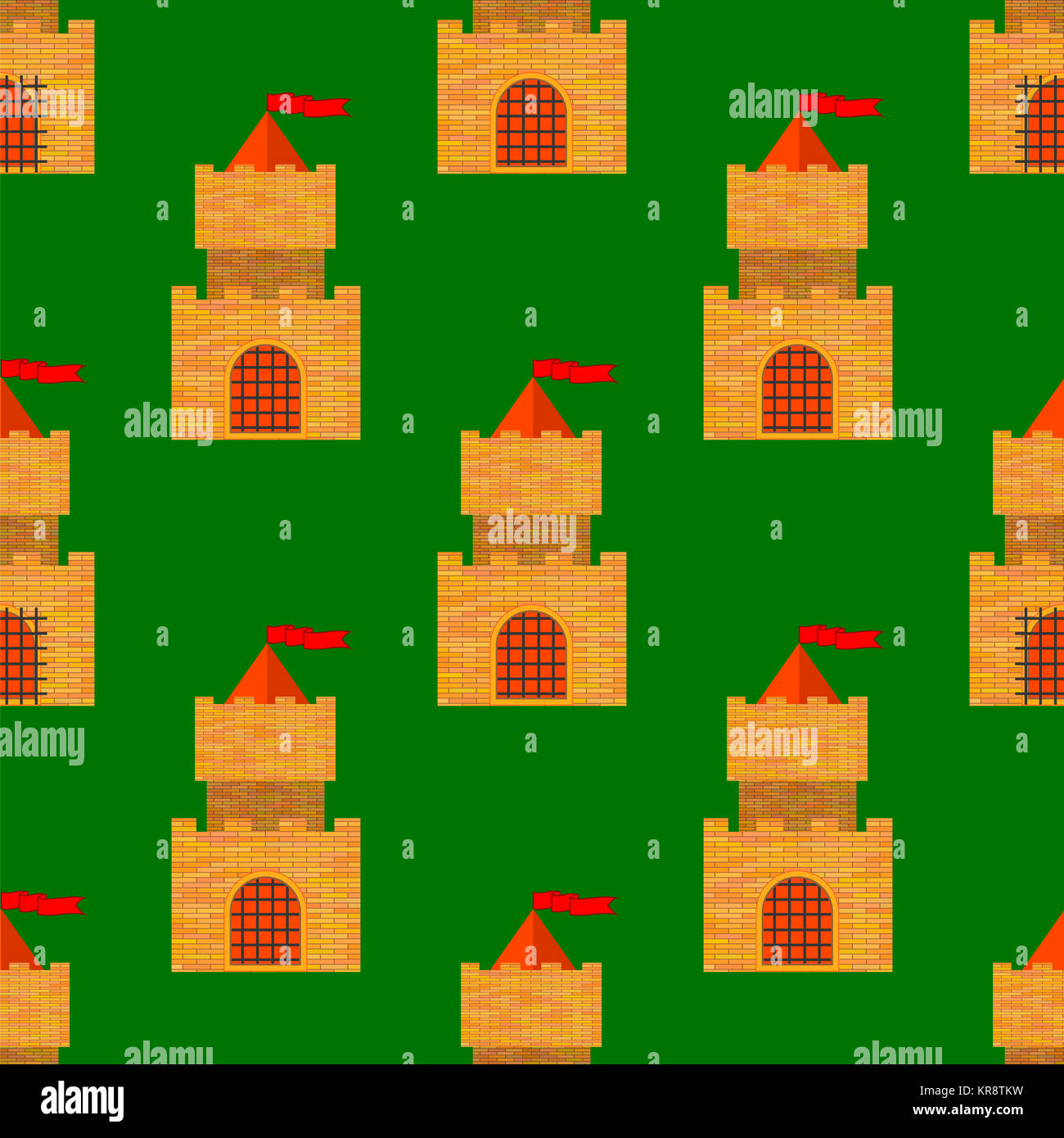 Red Brick Castle Seamless Pattern on Green Stock Photo