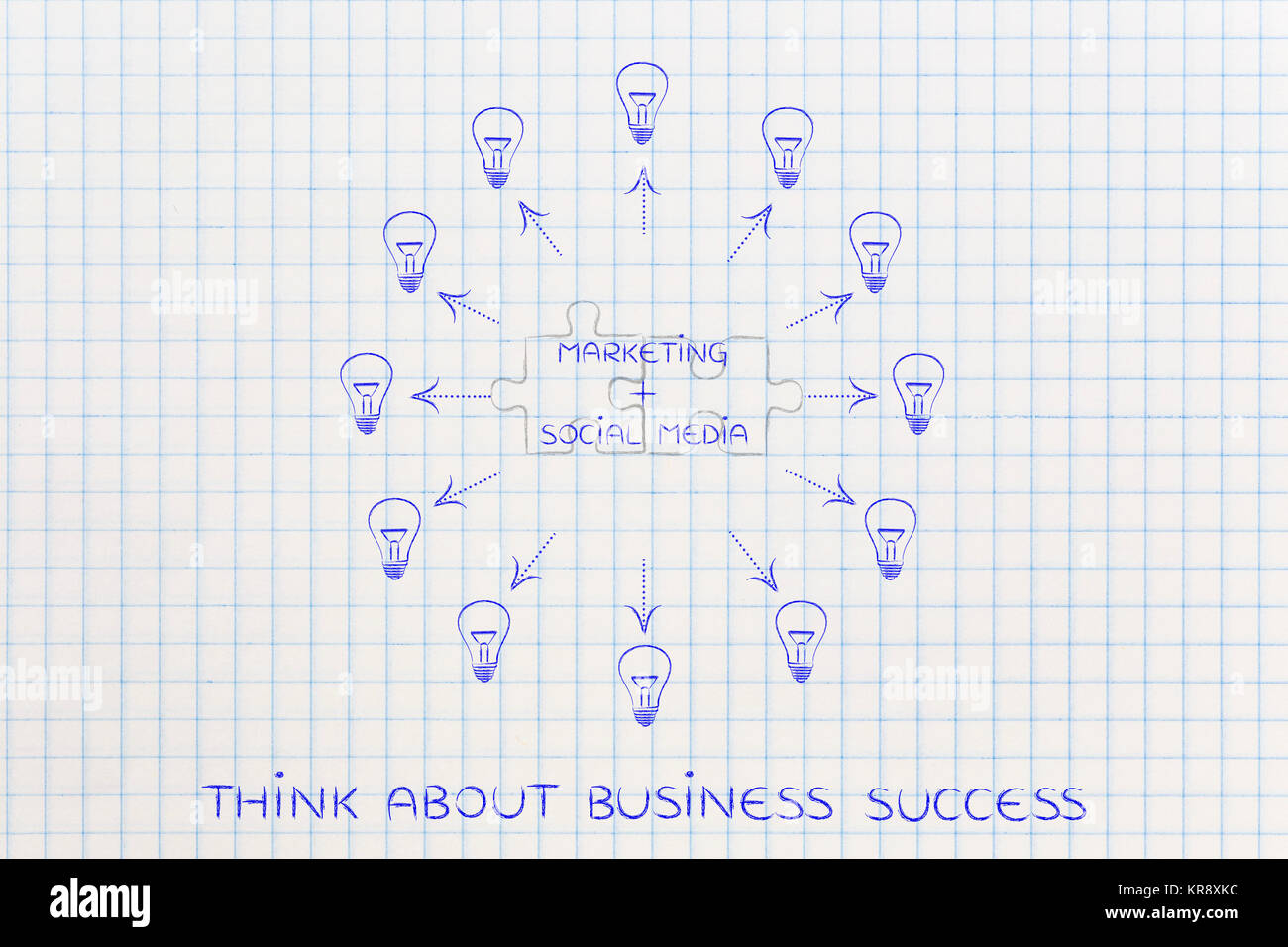 marketing & social media, matching puzzle and lightbulbs around Stock