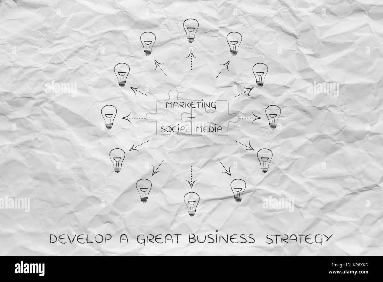 marketing & social media, matching puzzle and lightbulbs around Stock