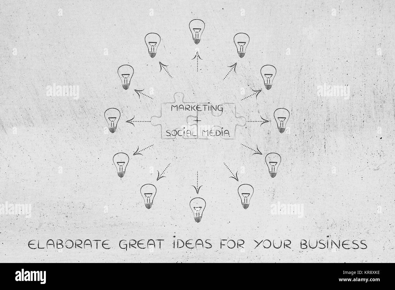 marketing & social media, matching puzzle and lightbulbs around Stock