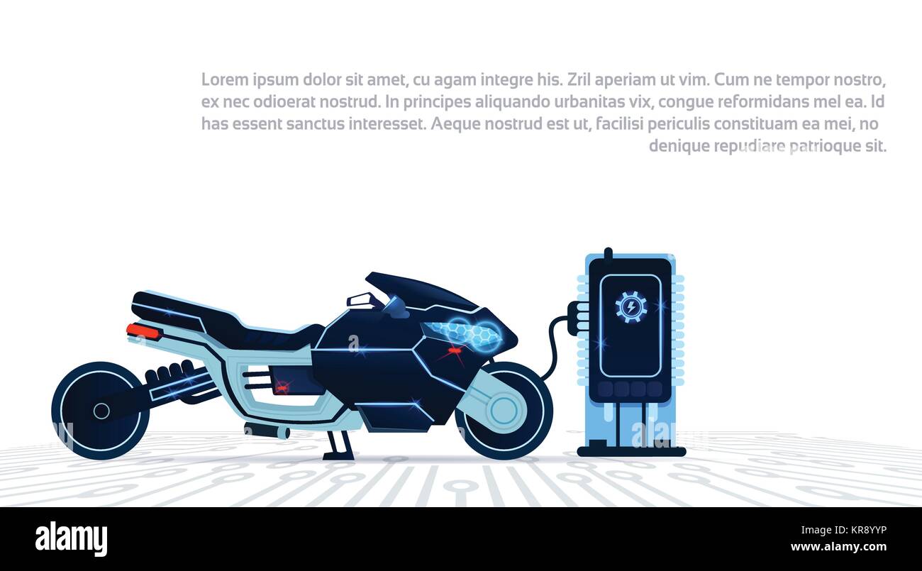 Realistic Motorcycle Charging From Electricity Blue Sport Electric Motorbike On While Background Stock Vector