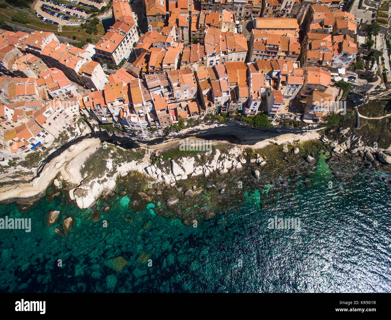 Aerial view of the Old Town of Bonifacio, the limestone cliff, South Coast of Corsica Island, France Stock Photo