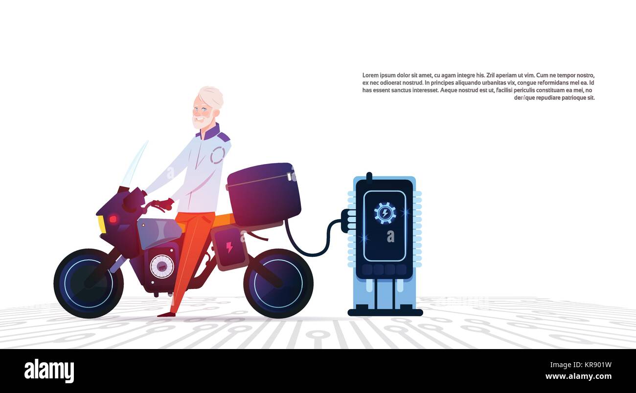 Senior Man On Motorcycle At Electric Charging Station Modern Hybrid Motorbike Concept Stock Vector
