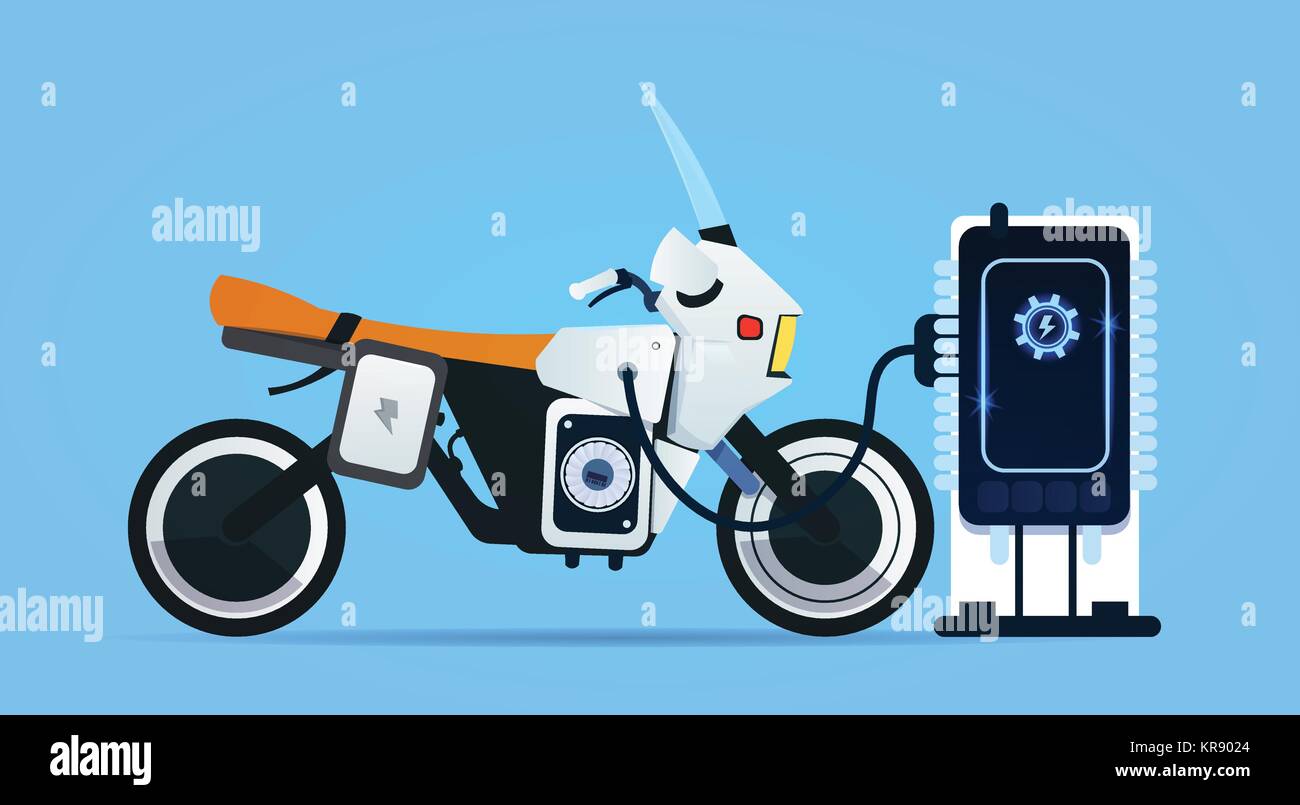 Hybrid Motor Bike Charging At Electric Charge Station Modern Motorcycle Concept Stock Vector
