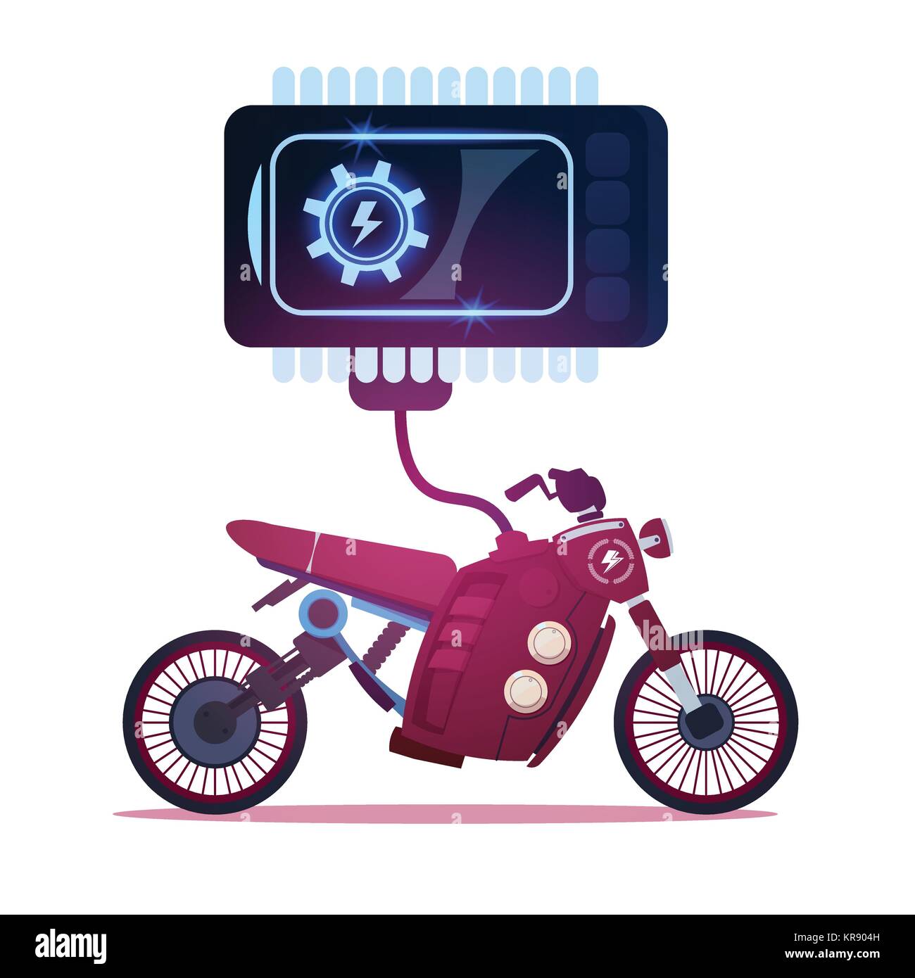 Hybrid Motorcycle Charging From Electricity, Sport Electric Motorbike On While Background Stock Vector