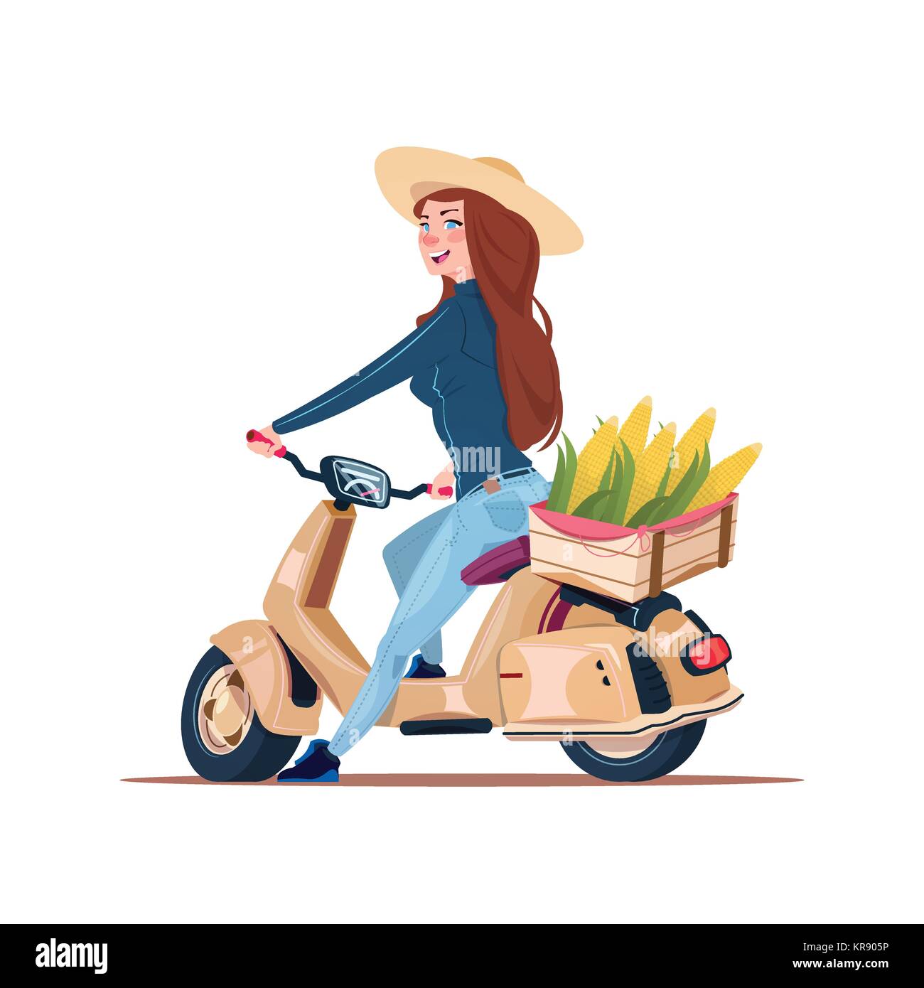 Woman Farmer Riding Electric Scooter With Harvest In Box Stock Vector