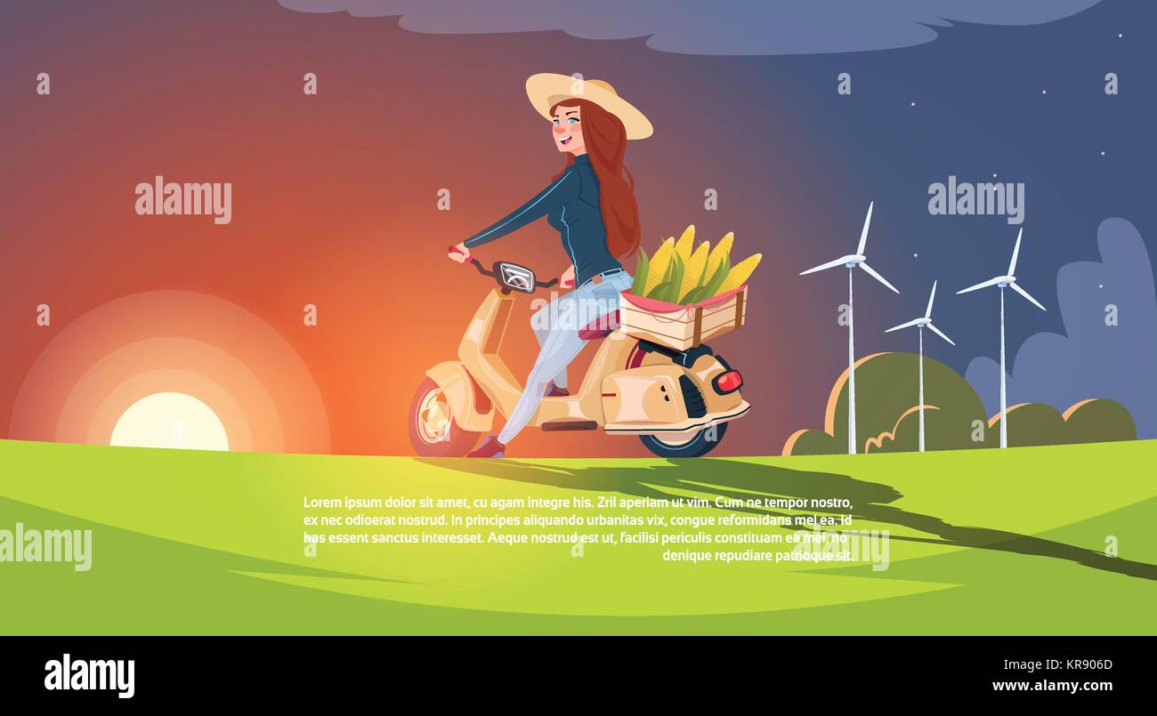 Woman Farmer Riding Electric Scooter With Harvest In Box In Countryside Over Beautiful Sunset Background Stock Vector