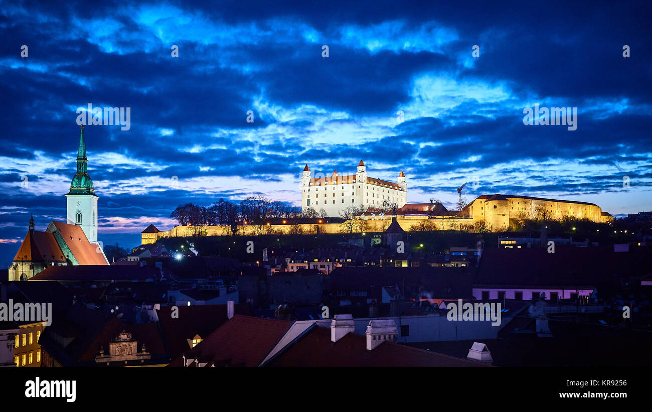 Bratislava, Slovakia. 16th December, 2017. Illuminated Bratislava castle at dusk, Slovakia. Stock Photo