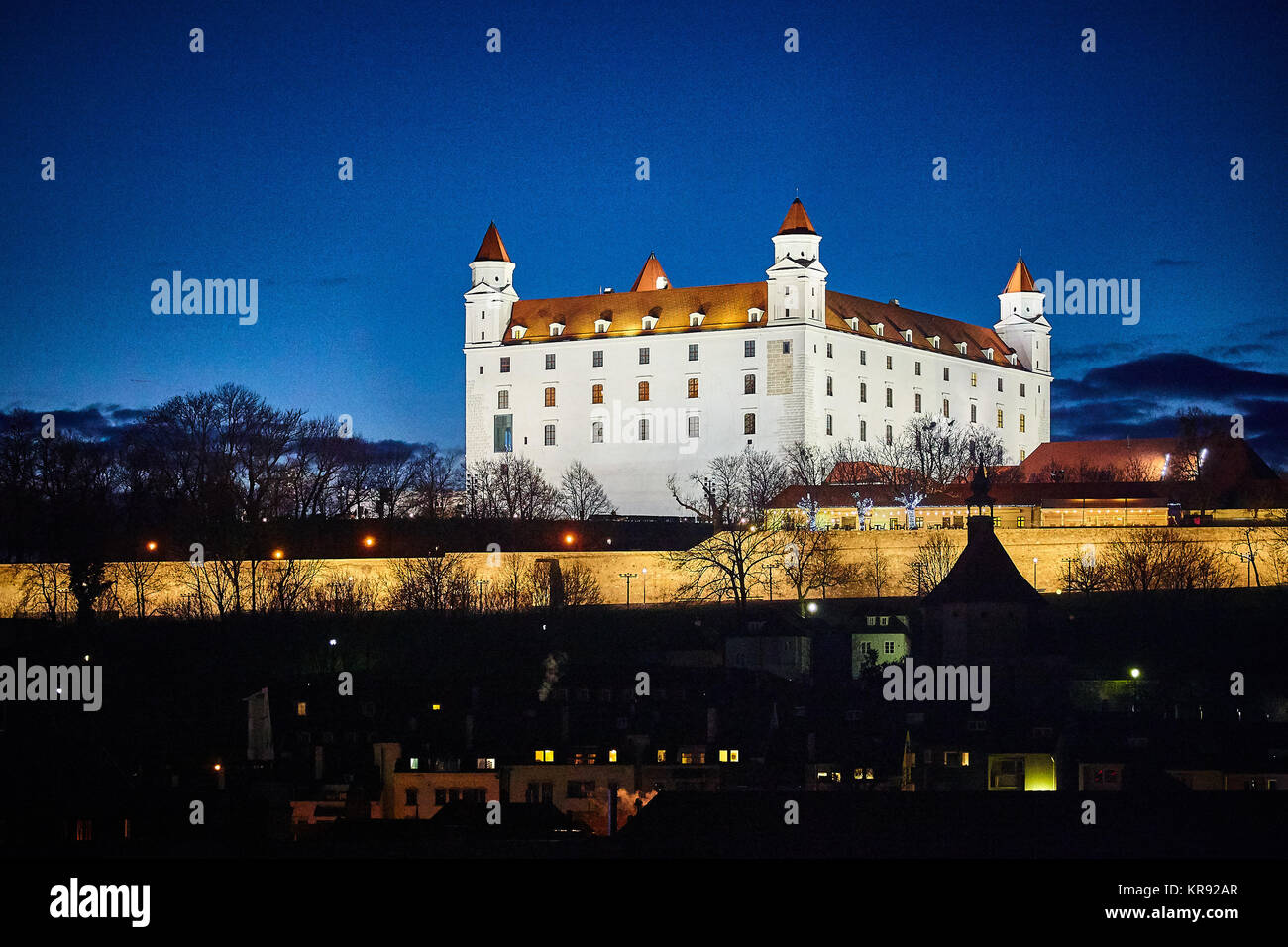 Bratislava, Slovakia. 16th December, 2017. Illuminated Bratislava castle at dusk, Slovakia. Stock Photo