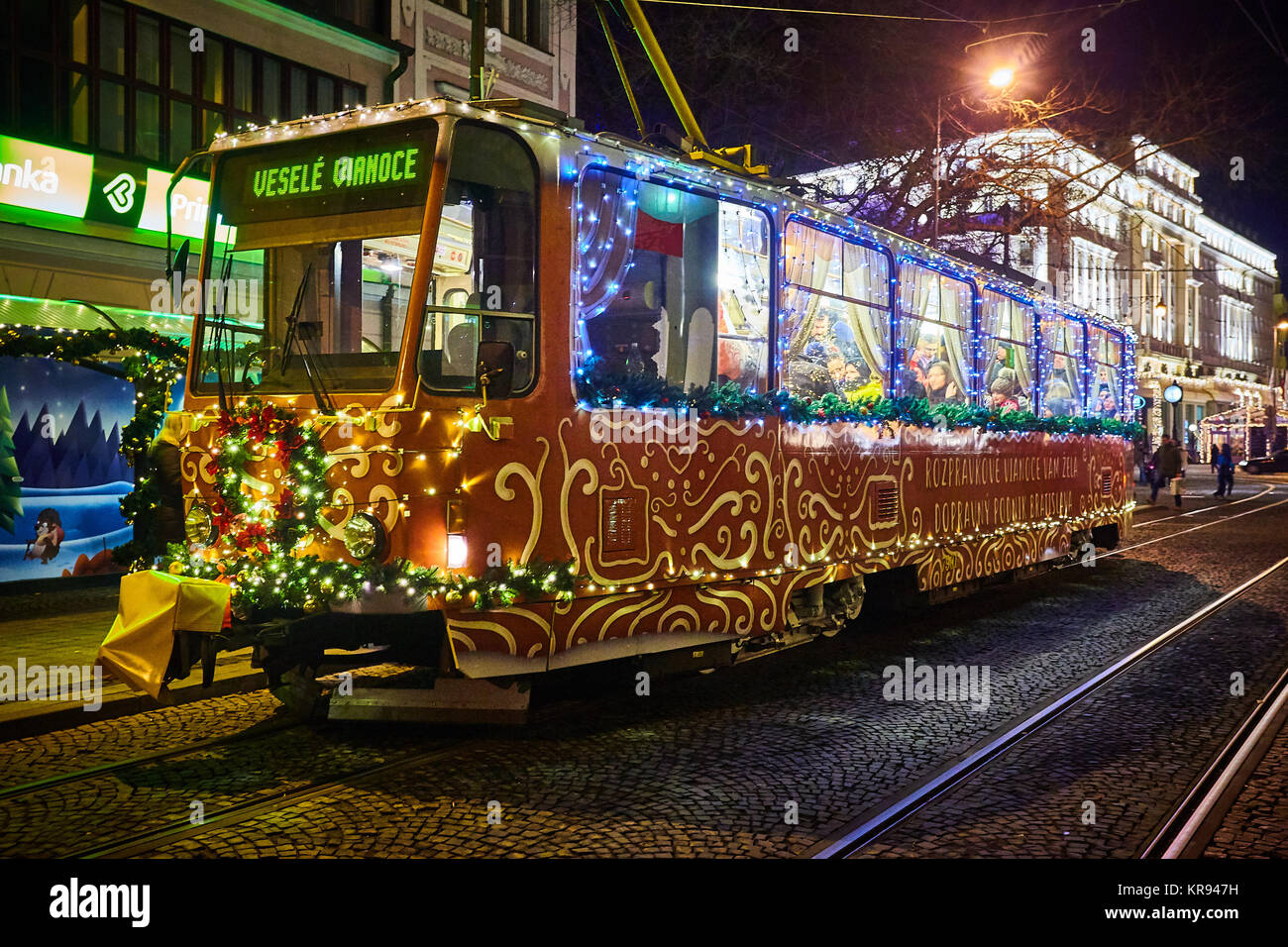 Bratislava, Slovakia. 16th December, 2017. Tram with Christmas decorations in Bratislava, Slovakia. Stock Photo