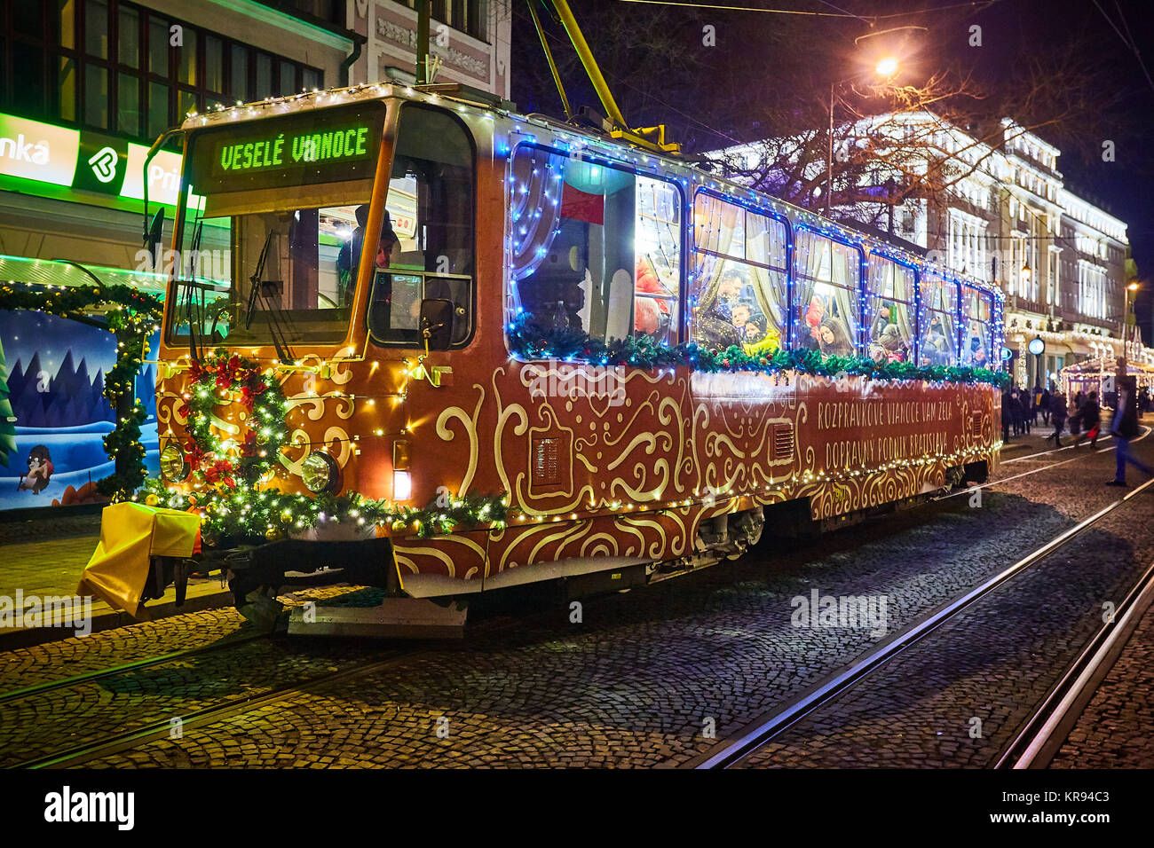 Bratislava, Slovakia. 16th December, 2017. Tram with Christmas decorations in Bratislava, Slovakia. Stock Photo