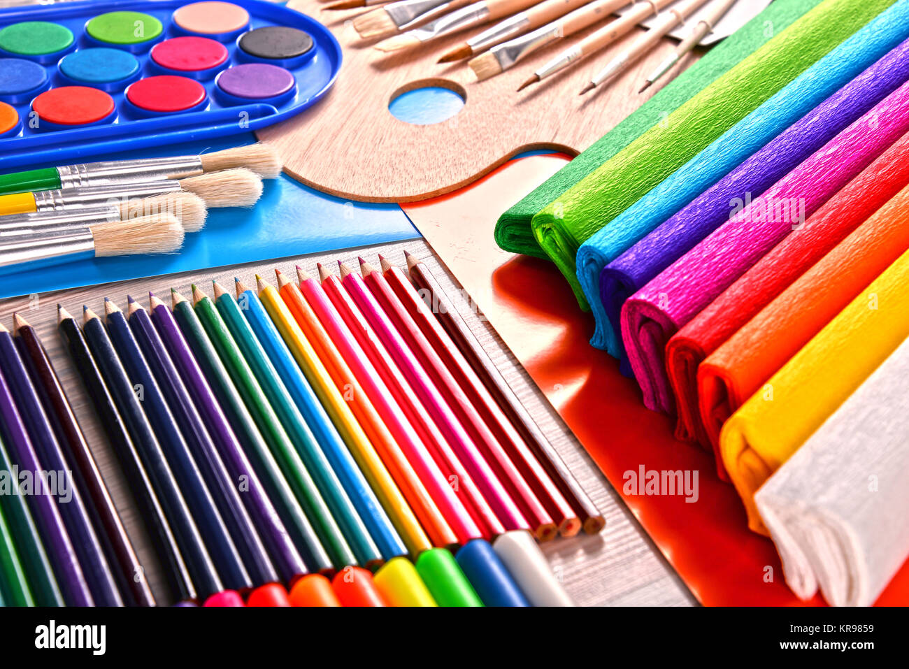 Composition with school accessories for painting and drawing Stock Photo