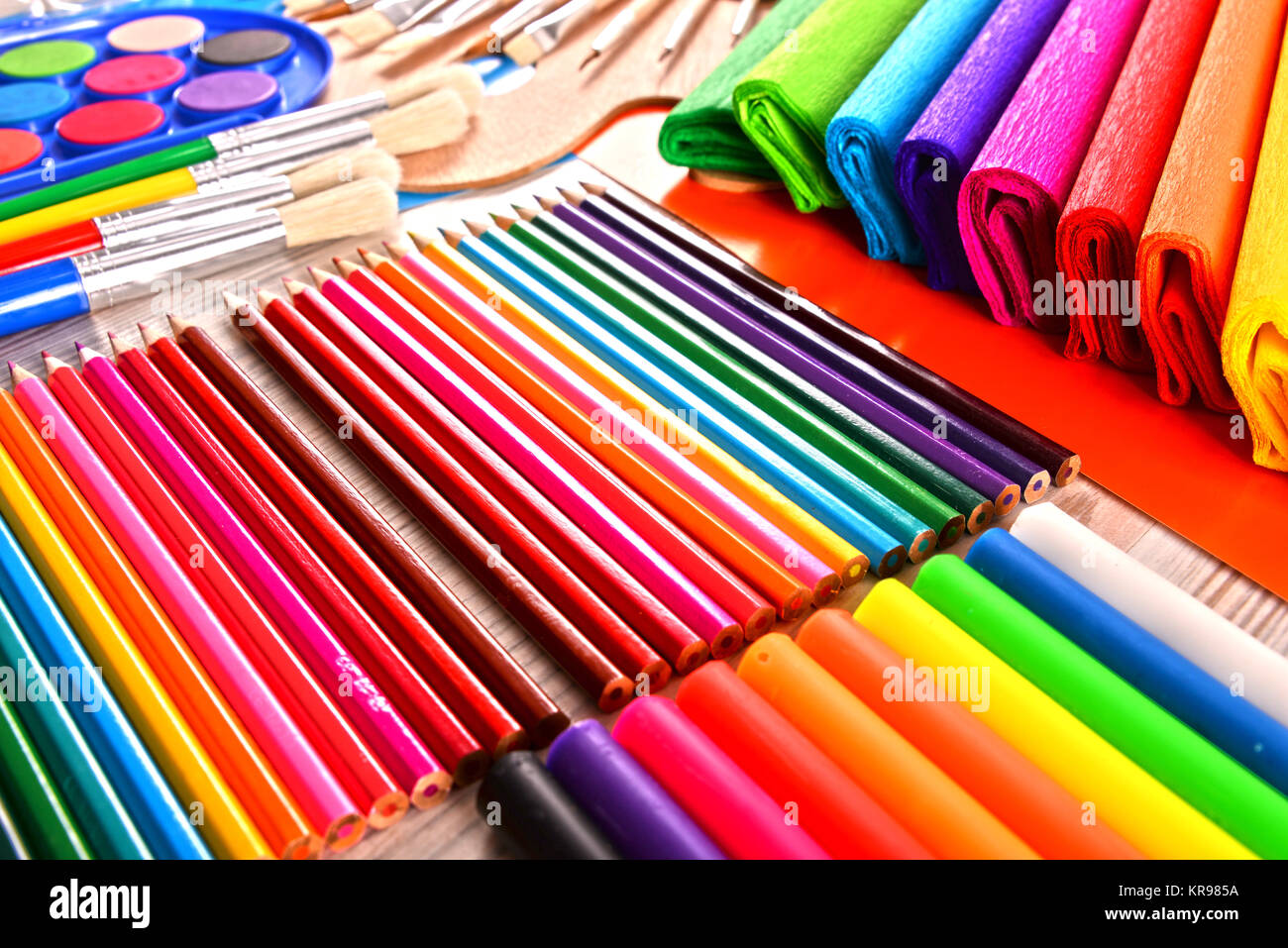 Composition with school accessories for painting and drawing Stock