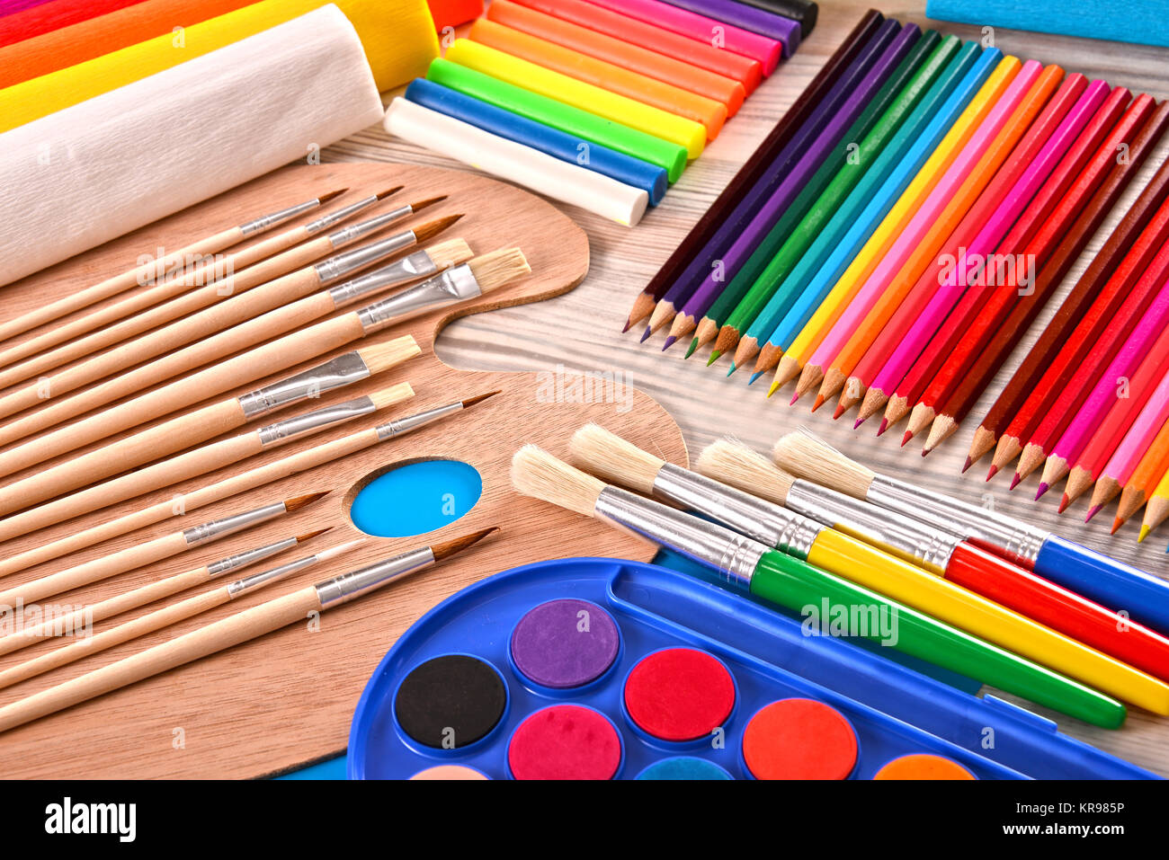 Composition with school accessories for painting and drawing Stock Photo