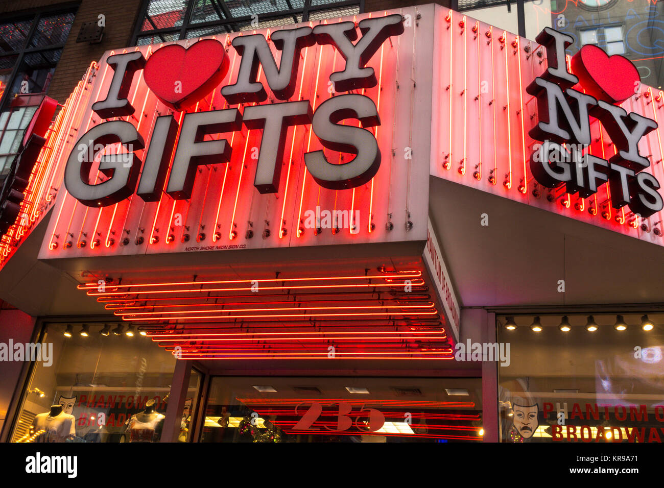 'I Heart NY Gifts' Sign on W. 42nd Street, Times Square Lights at Night, NYC Stock Photo