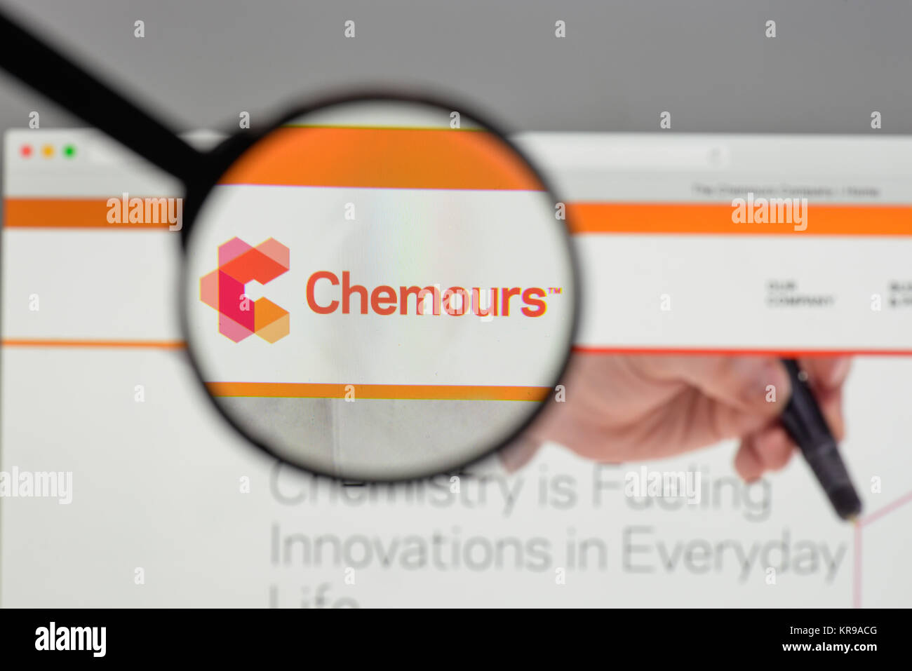Milan, Italy - August 10, 2017: Chemours logo on the website homepage ...