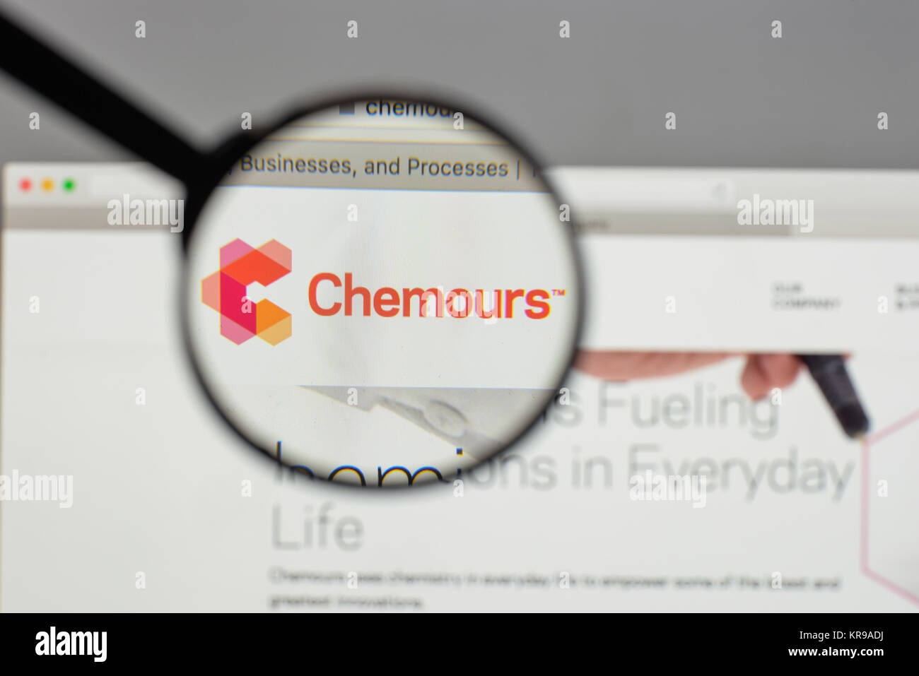 Milan, Italy - August 10, 2017: Chemours logo on the website homepage ...
