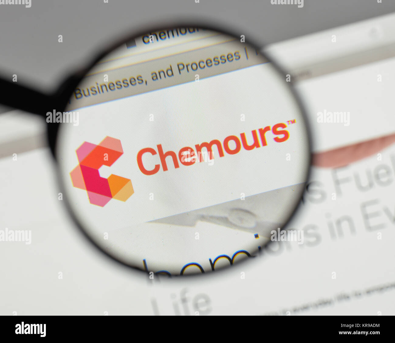 Milan, Italy - August 10, 2017: Chemours logo on the website homepage ...