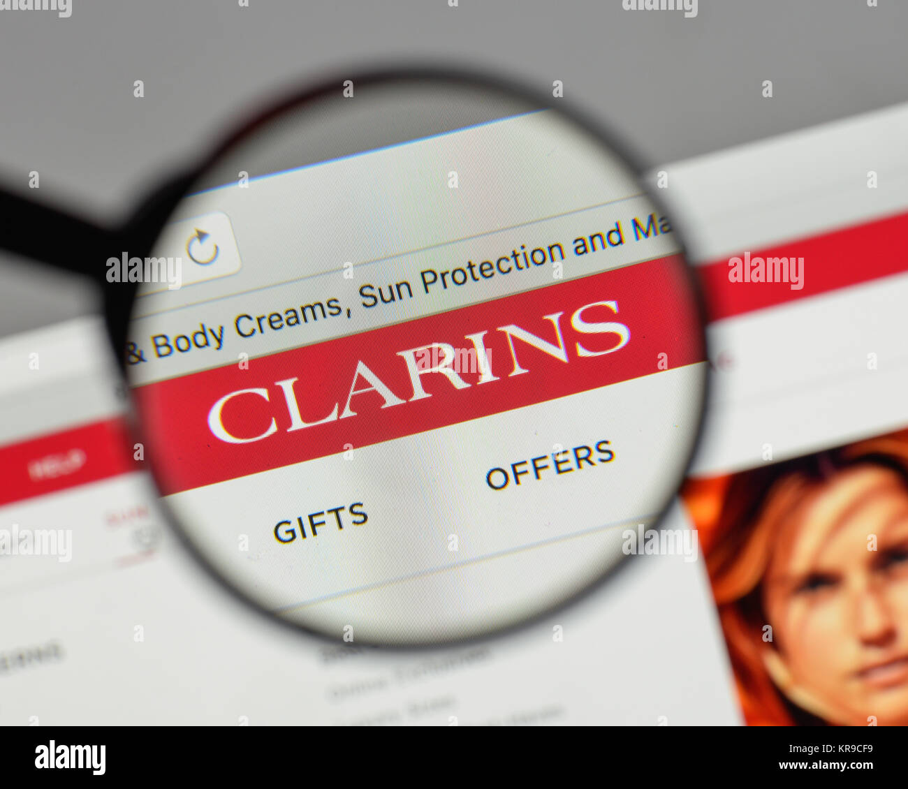 Milan, Italy - August 10, 2017: Clarins logo on the website homepage