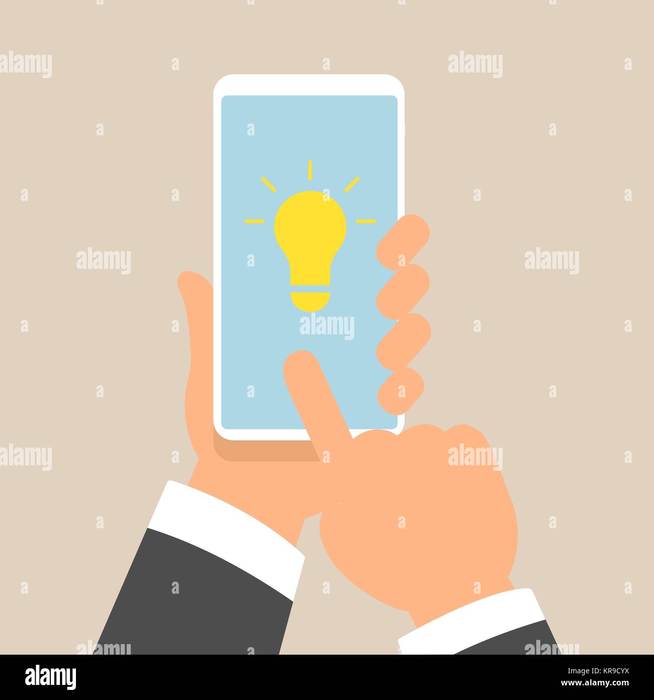Hand holding smartphone with Light Bulb on display. Flat style design ...