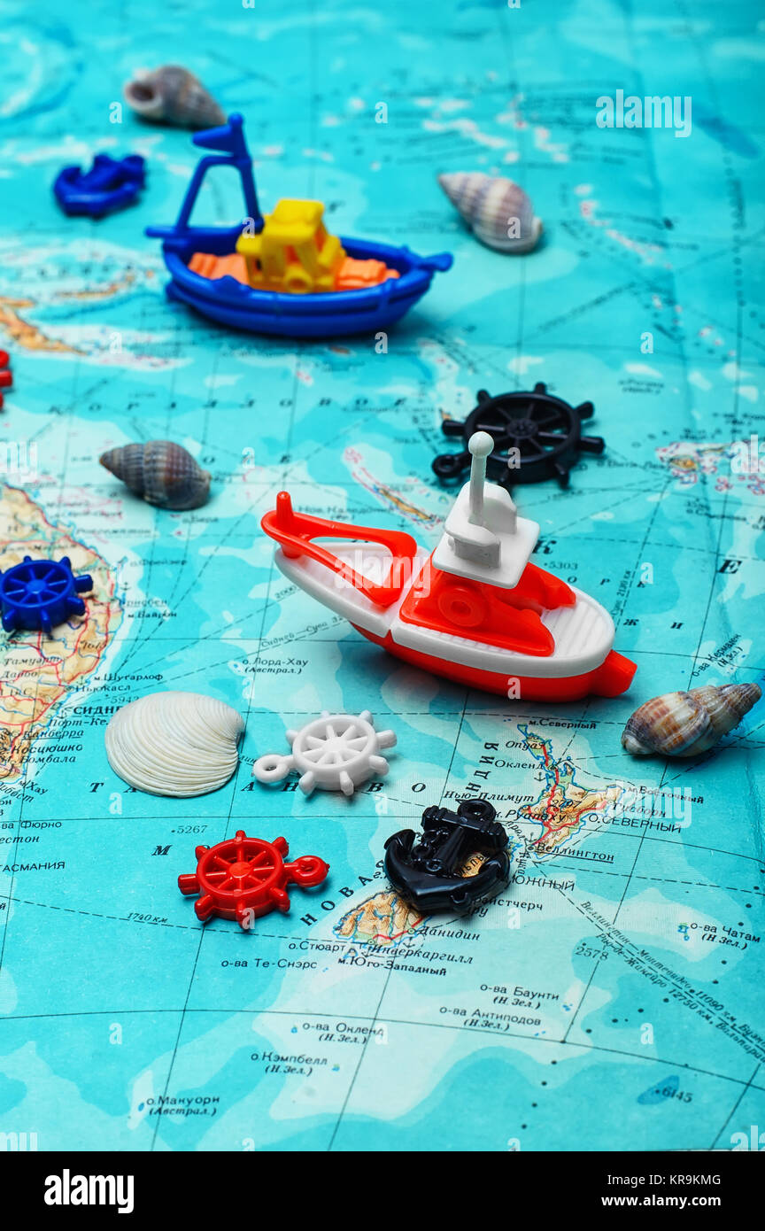 Map of the sea,the toy boat and marine characters on journey Stock Photo