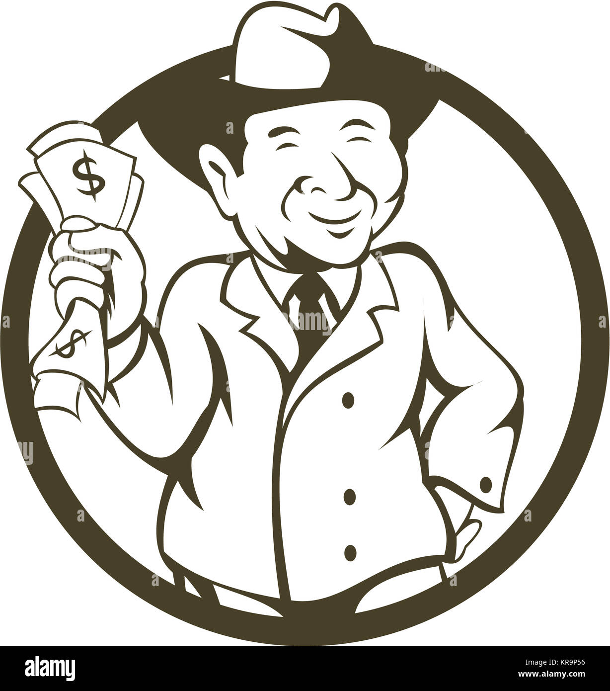 Businessman Fedora Hat Bank Notes Circle Cartoon Stock Photo