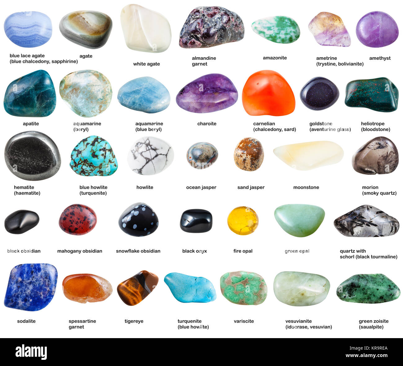 various polished gemstones with names isolated Stock Photo - Alamy