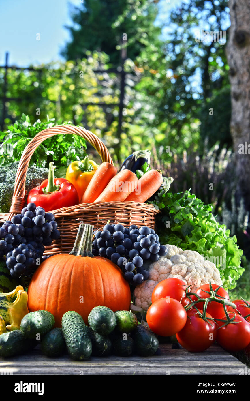 Variety of fresh organic vegetables and fruits in the garden Stock ...