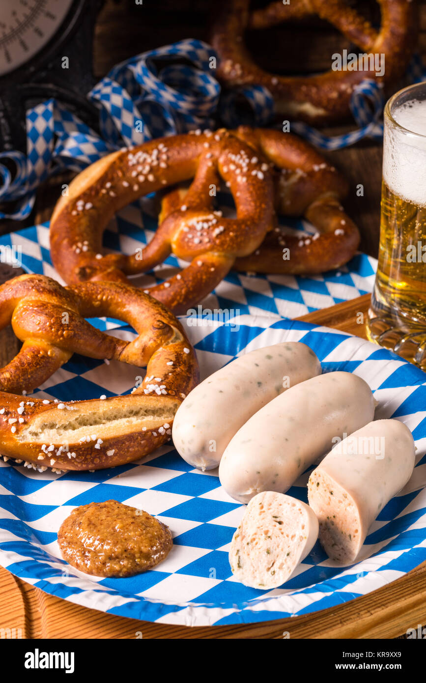 bavarian sausage with pretzel,sweet mustard and beer Stock Photo