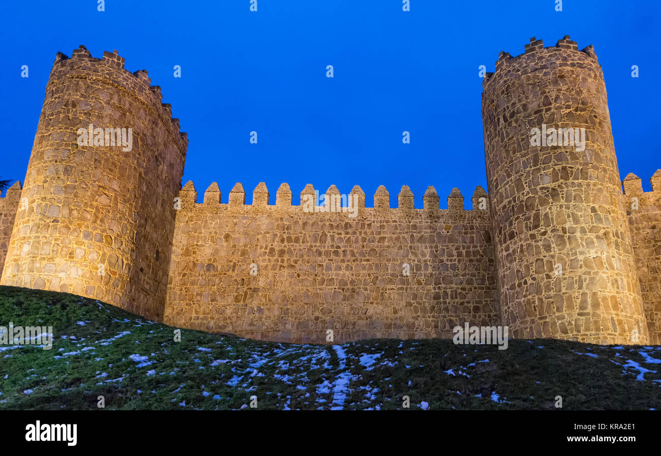 Ávila's 11th century city walls are the most important and best preserved of the Spanish medieval walls, circling the medieval city. The walls have a  Stock Photo