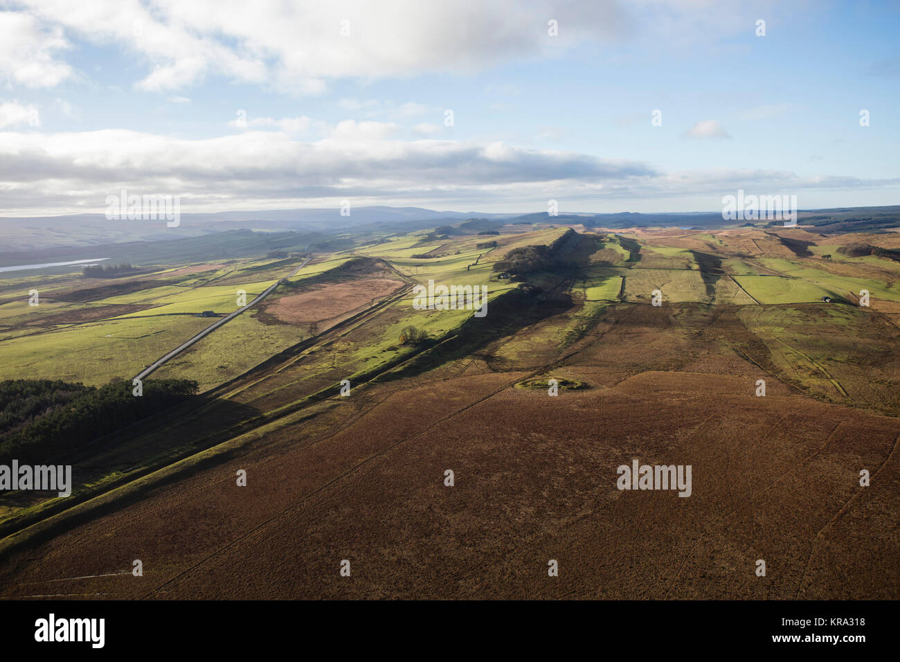 An aerial view showing the earthworks, walls and ditches of Hadrian's Wall in Northumberland Stock Photo