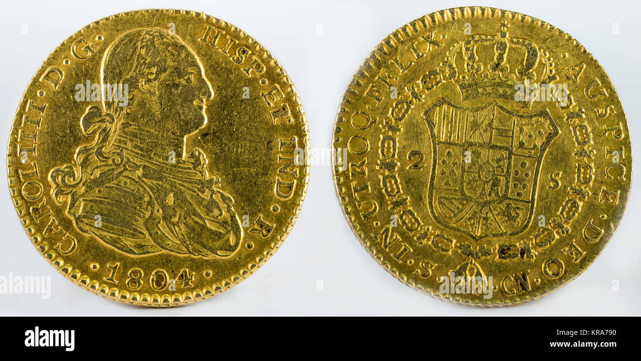 Ancient Spanish gold coin of King Carlos IV. With a value of 2 escudos