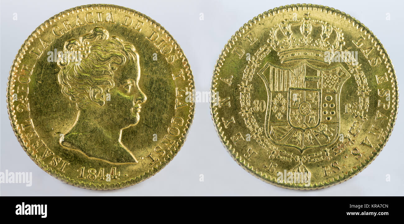 Ancient Spanish gold coin of Queen Isabel II. With a value of 80 reales