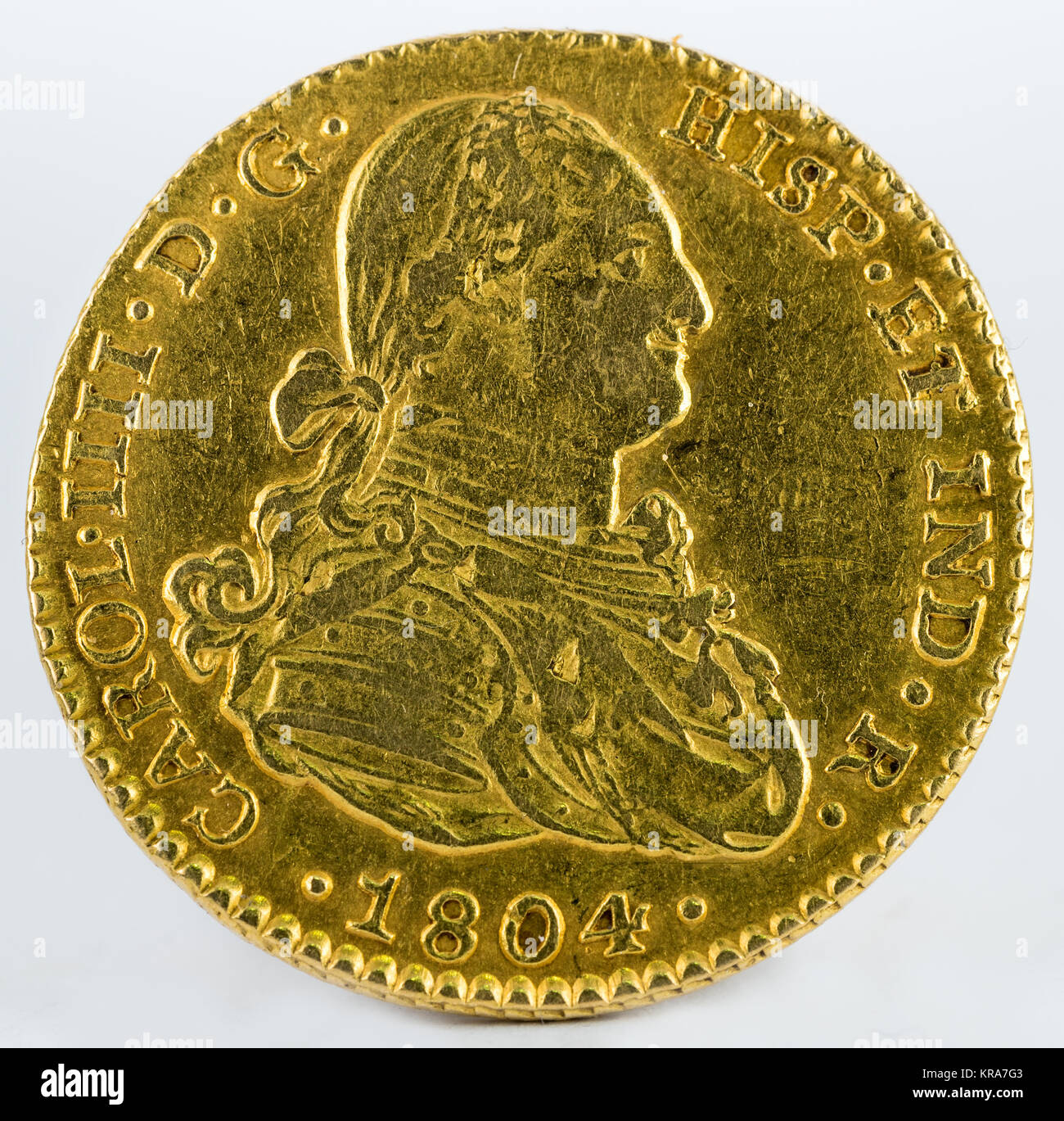 Ancient Spanish gold coin of King Carlos IV. With a value of 2 escudos