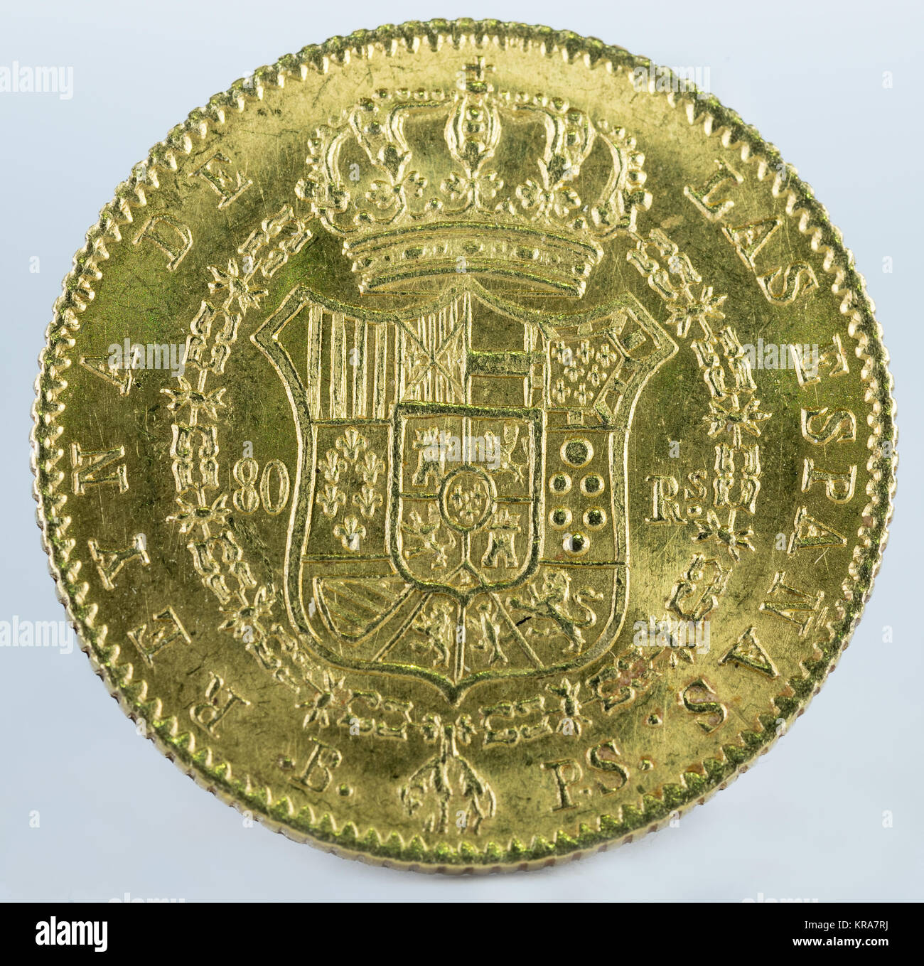 Ancient Spanish gold coin of Queen Isabel II. With a value of 80 reales