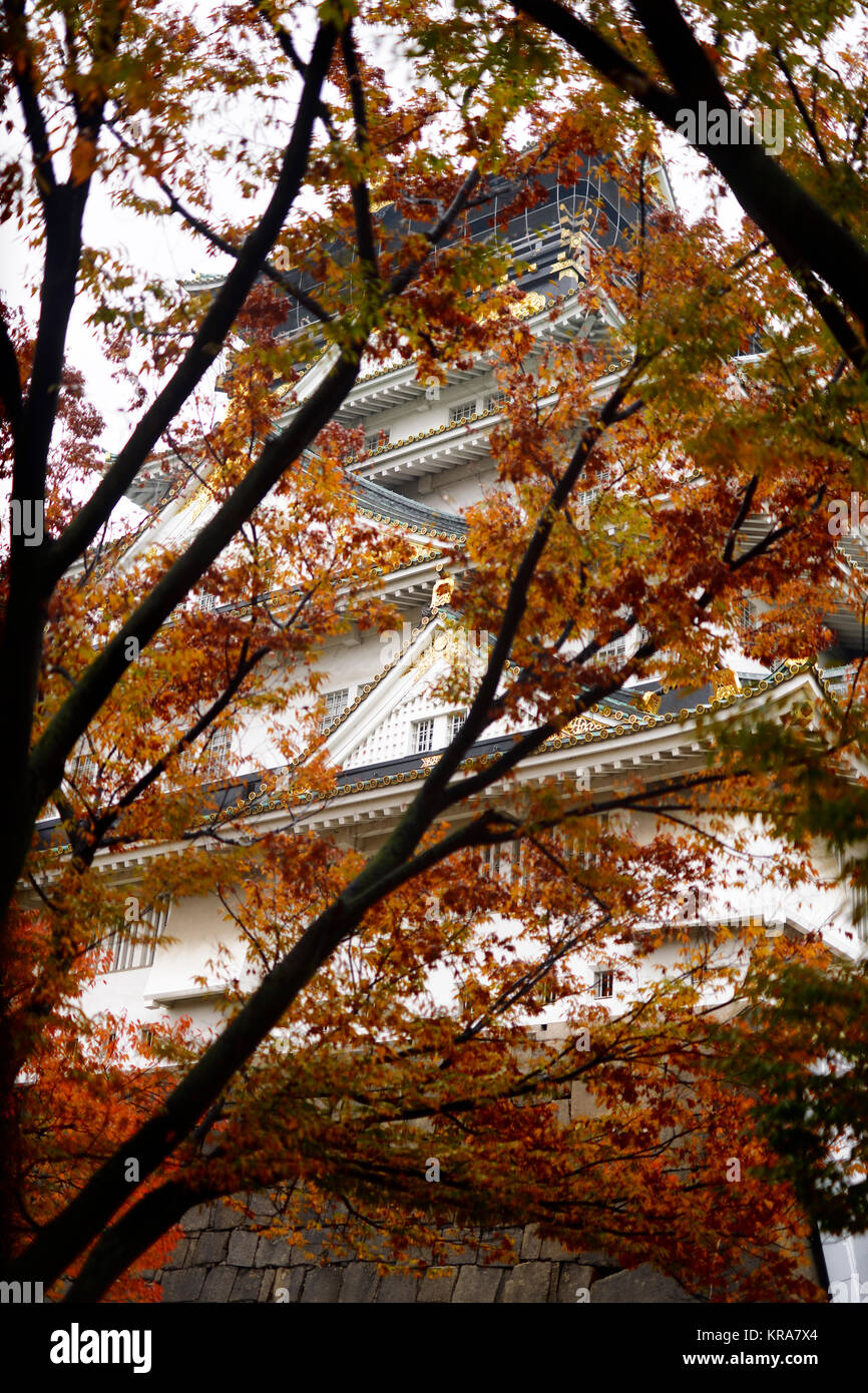 Artistic abstract scenery of Osaka Castle, Osaka-jo, view through red colorful tree leaves on beautiful tranquil autumn morning. Osaka, Japan 2017 Stock Photo