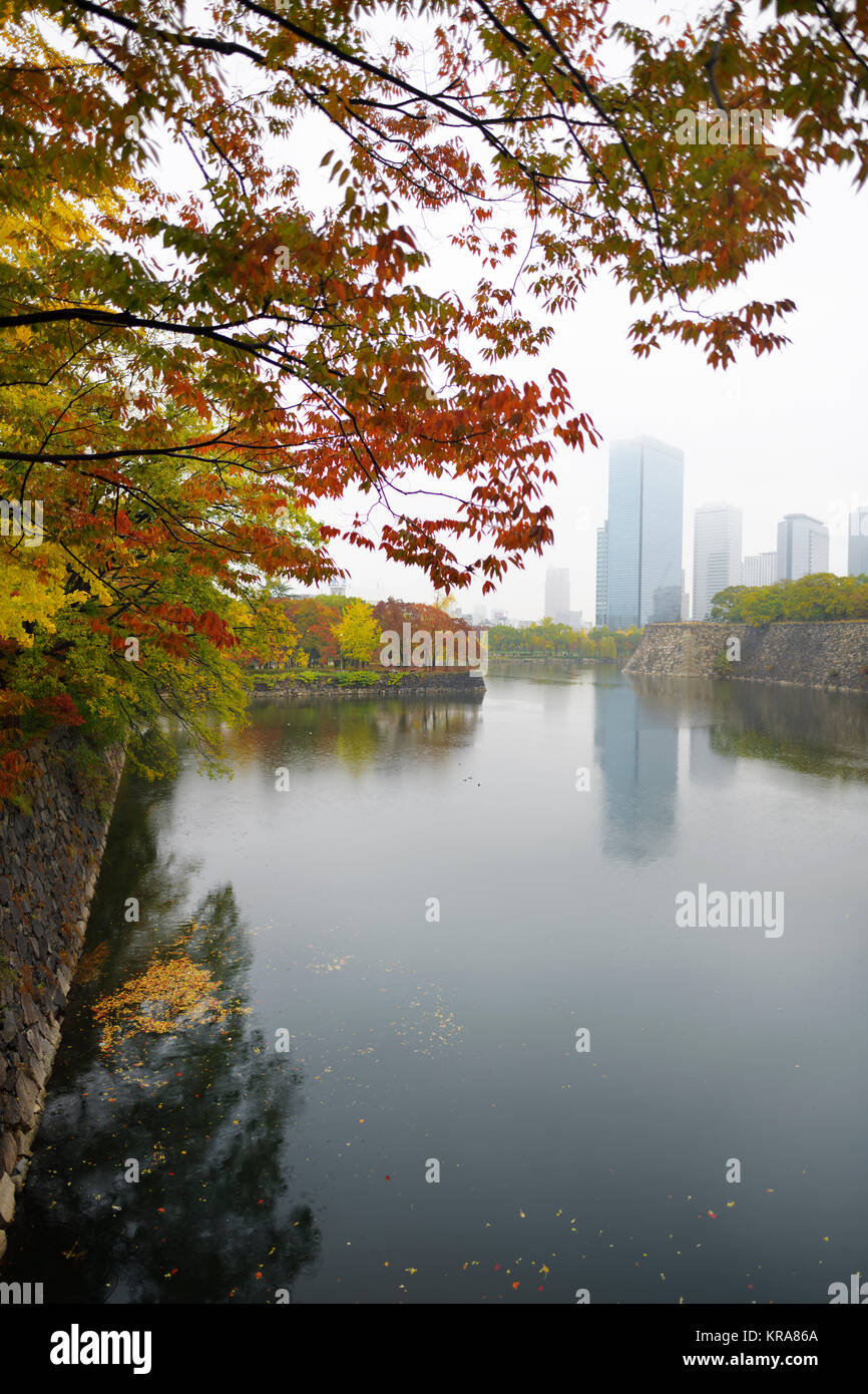 Osaka Chuo-ku financial distric high-rise towers on a misty autumn morning view from Osaka Castle Park inner moat canal in colorful fall scenery. ChÅ« Stock Photo