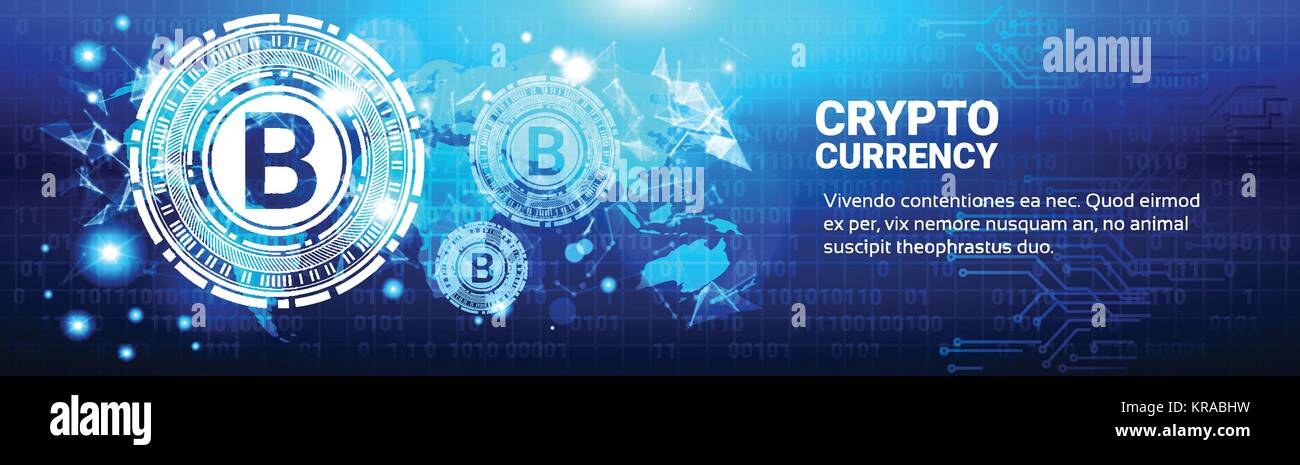 Crypto Currency Concept Bitcoin Sign On Blue World Map Modern Web Money Technology Horizontal Banner Stock Vector