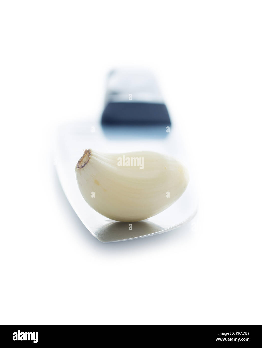 Peeled garlic clove on the knife Stock Photo Alamy