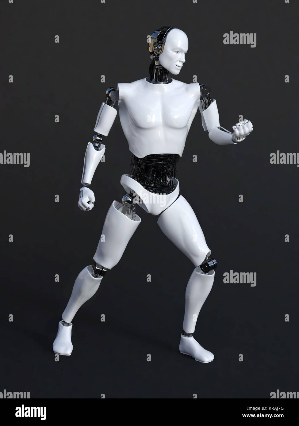 3D rendering of a robot man in a victory pose. Stock Photo