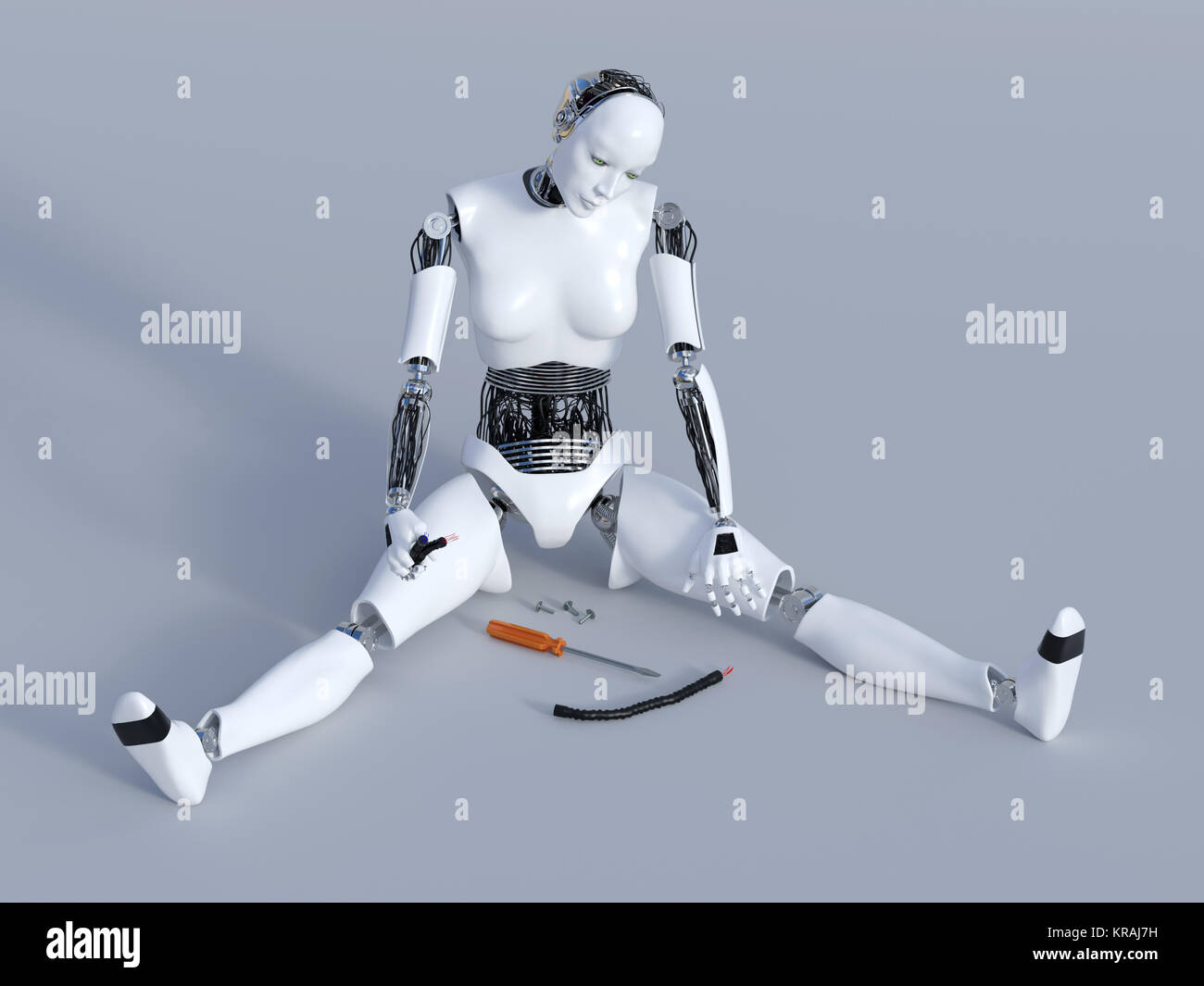 3D rendering of a broken female robot. Stock Photo