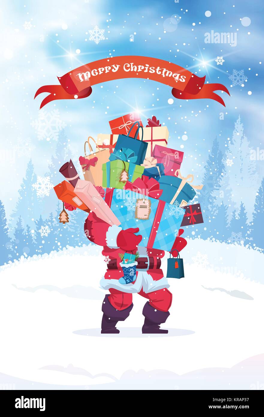 Merry Christmas Greeting Card Santa Holding Heap Of Gift Boxes Holiday ...