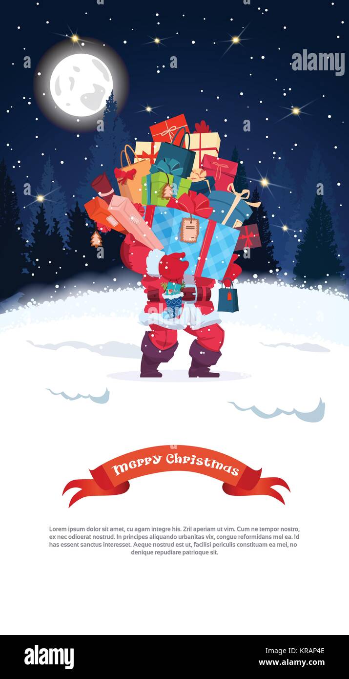 Santa Holding Stack Of Present Boxes Merry Christmas greeting Card ...