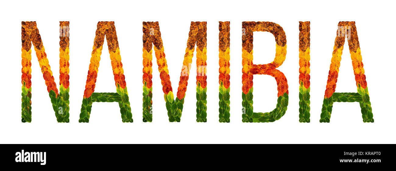word namibia country is written with leaves on a white insulated background, a banner for printing, a creative developing country colored leaves namibia Stock Photo