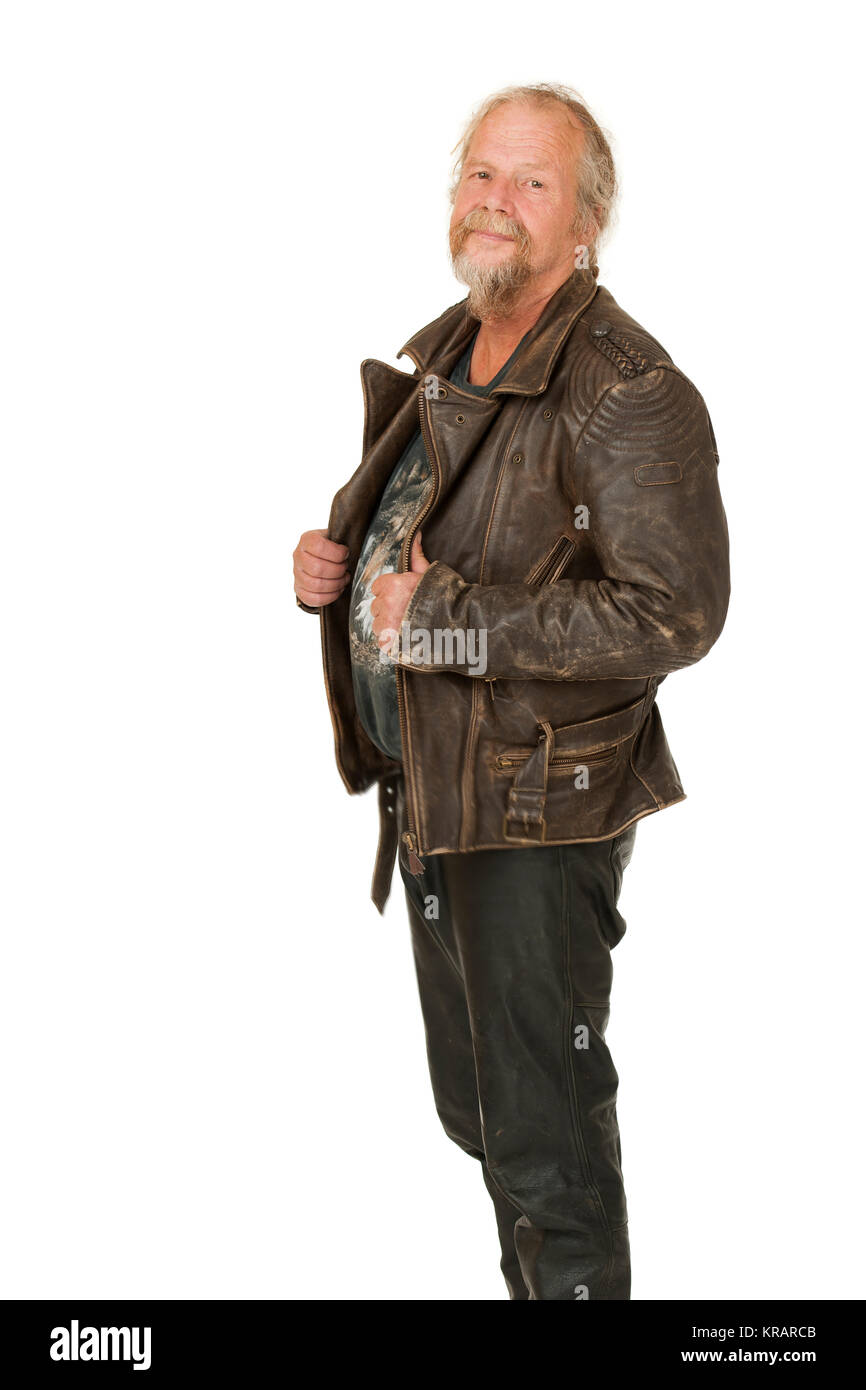 elderly man in leather jacket on white Stock Photo