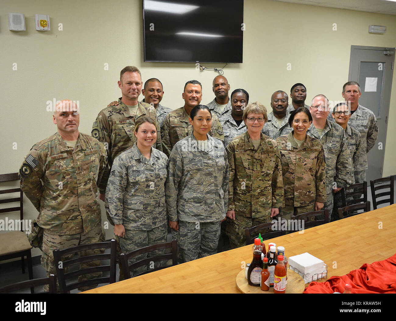 Lt. Gen. Maryanne Miller, Chief of Air Force Reserve and Commander, Air Force Reserve Command, and Chief Master Sgt. Ericka Kelly, Command Chief Master Sergeant, Air Force Reserve Command take time to visit citizen Airmen at the 380th Air Expeditionary Wing, Al Dhafra Air Base, United Arab Emirates Dec. 13, 2017. Miller and Kelly visited Airman serving overseas during the holiday season.    (U.S. Air Force Stock Photo