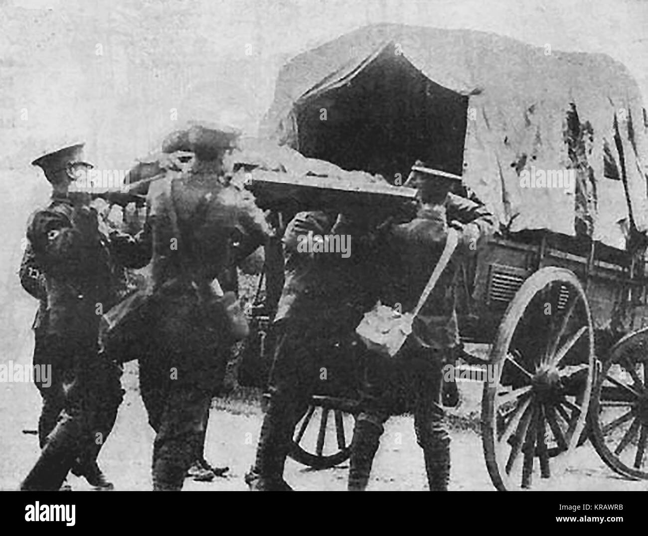World War One photograph  - WWI - Unloading British injured troops from an ambulance at Folkstone , England in 1914 Stock Photo
