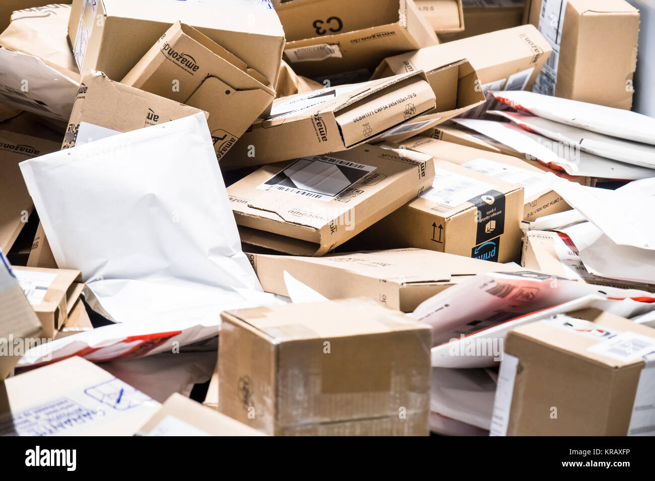 BERLIN / GERMANY - DECEMBER 19 2017 : The amount of parcels is increasing very much five days before christmas Stock Photo