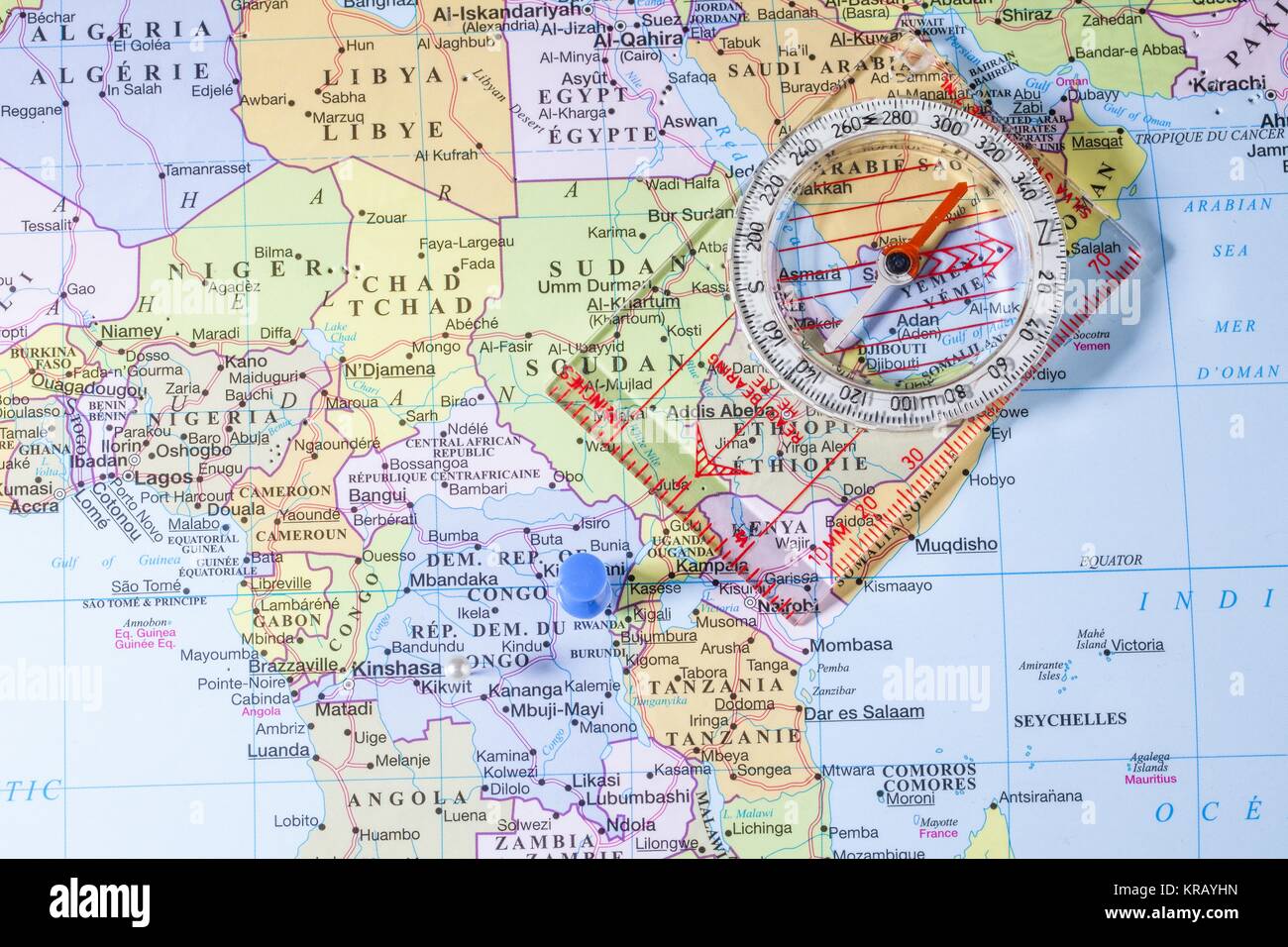 congo map with blue pin and compass Stock Photo